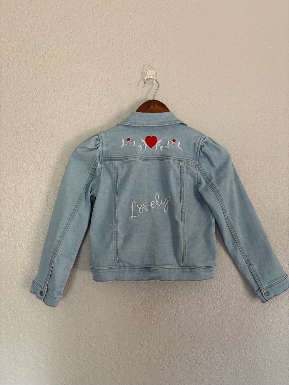 Janie and Jack Girls Denim Heart Embroidered Puff Sleeve Jacket
